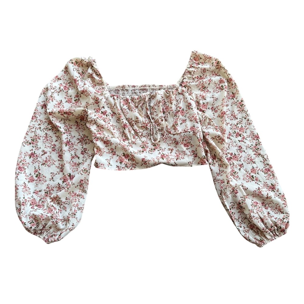 Floral‎ Crop Top Pink Rose Puff Sleeve Smocked Back Blouse L SHEIN cottagecore